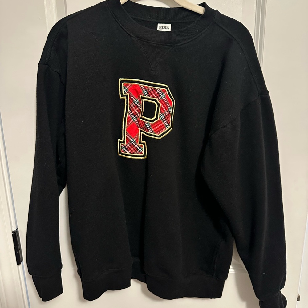 PINK Victoria's Secret Black Crewneck Sweatshirt with Red Plaid 'P'